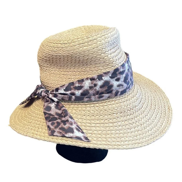 Vince Camuto Straw Paper Sun Hat With Leopard Print Ribbon Band 0/S Beach Travel - Picture 2 of 6